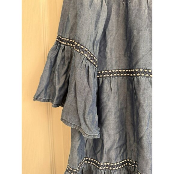 TOMMY BAHAMA M Chambray Embroidered Tiered Coverup Dress Blue Tencel Lyocell - Picture 3 of 8